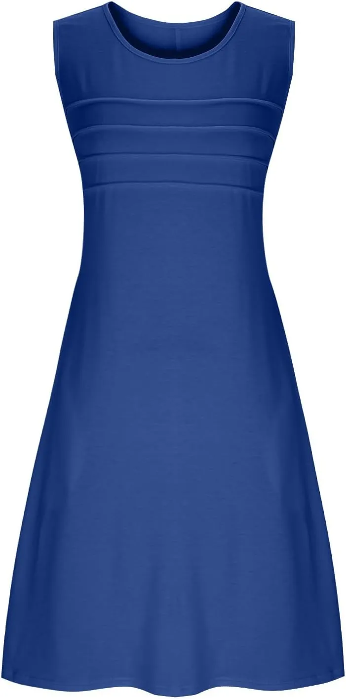 Womens Summer Dresses Casual Sleeveless Fashion Solid Color Dress Loose Fit Pleated Vacation Beach Sundress