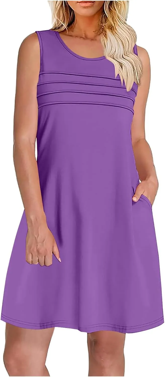 Womens Summer Dresses Casual Sleeveless Fashion Solid Color Dress Loose Fit Pleated Vacation Beach Sundress