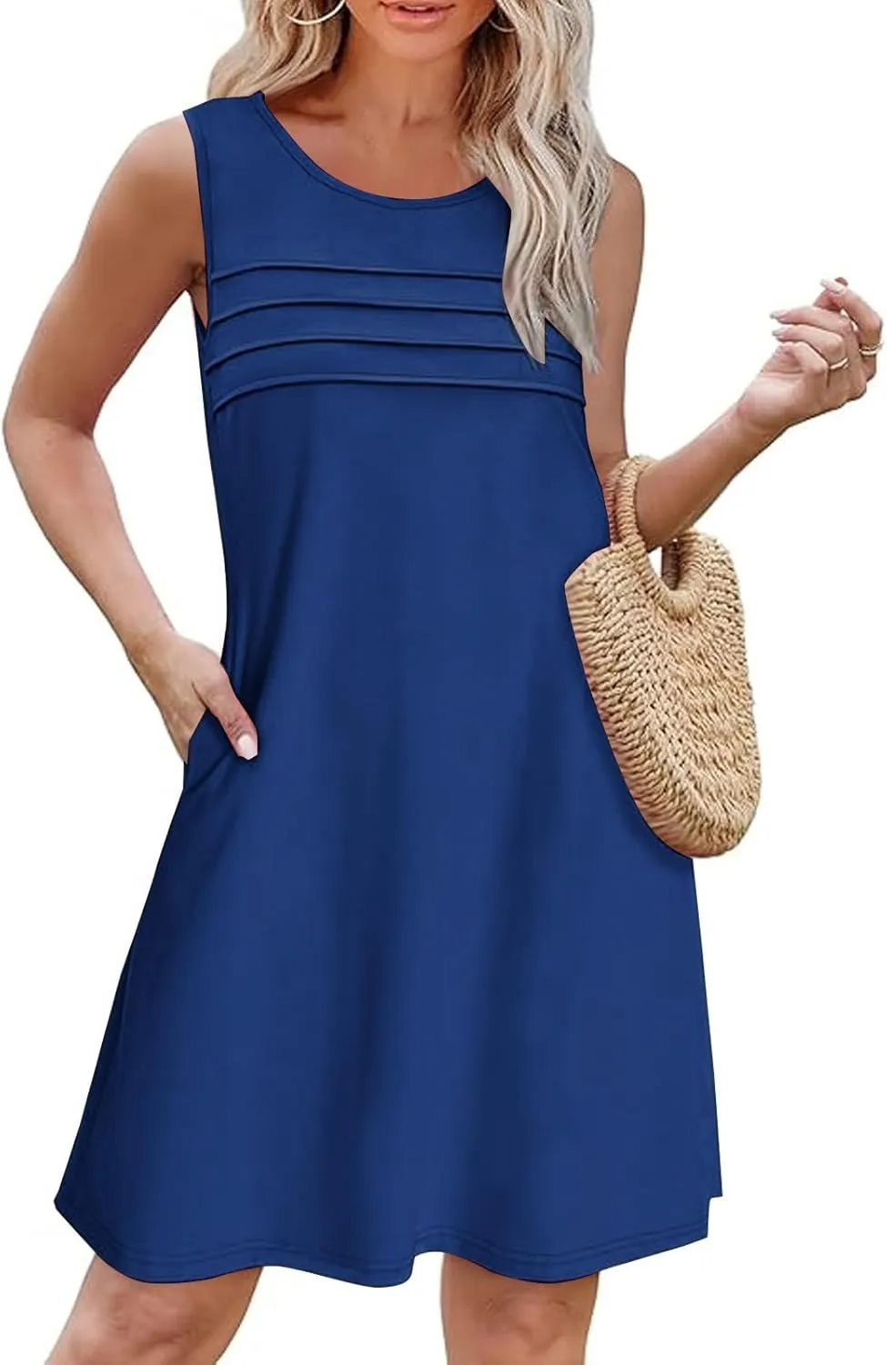 Womens Summer Dresses Casual Sleeveless Fashion Solid Color Dress Loose Fit Pleated Vacation Beach Sundress