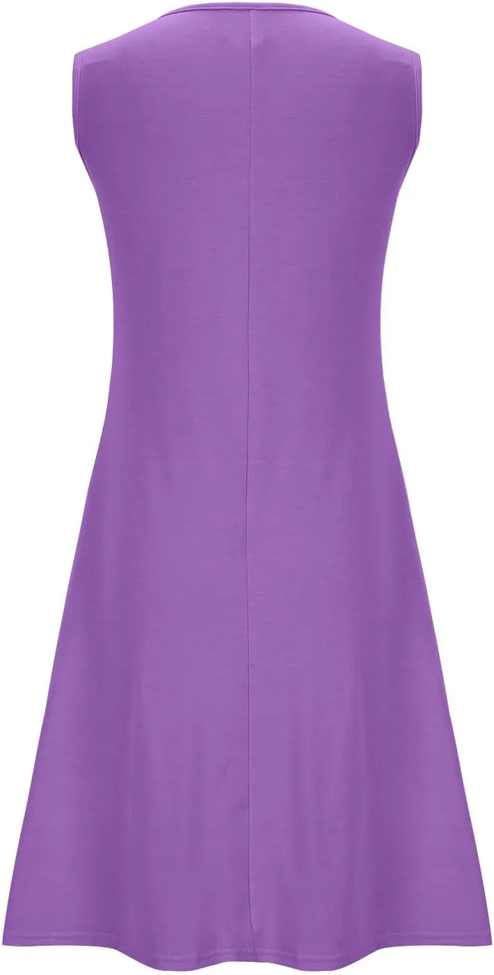 Womens Summer Dresses Casual Sleeveless Fashion Solid Color Dress Loose Fit Pleated Vacation Beach Sundress
