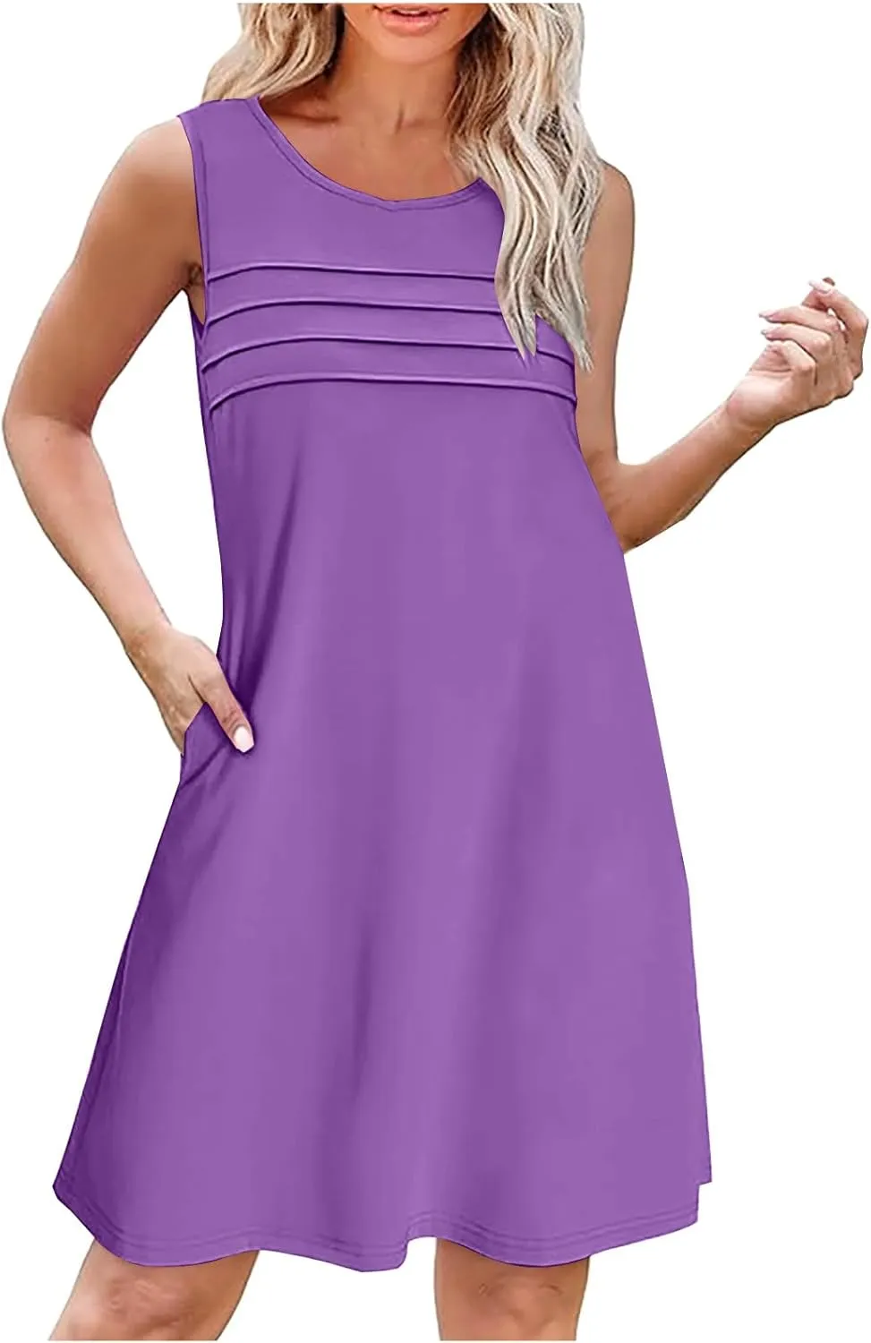 Womens Summer Dresses Casual Sleeveless Fashion Solid Color Dress Loose Fit Pleated Vacation Beach Sundress