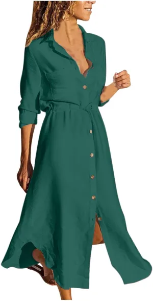 Women's Summer Dresses Cotton Linen Long Sleeve Button Down Casual Sundress Sexy Beach Maxi Shirt Dress with Pockets