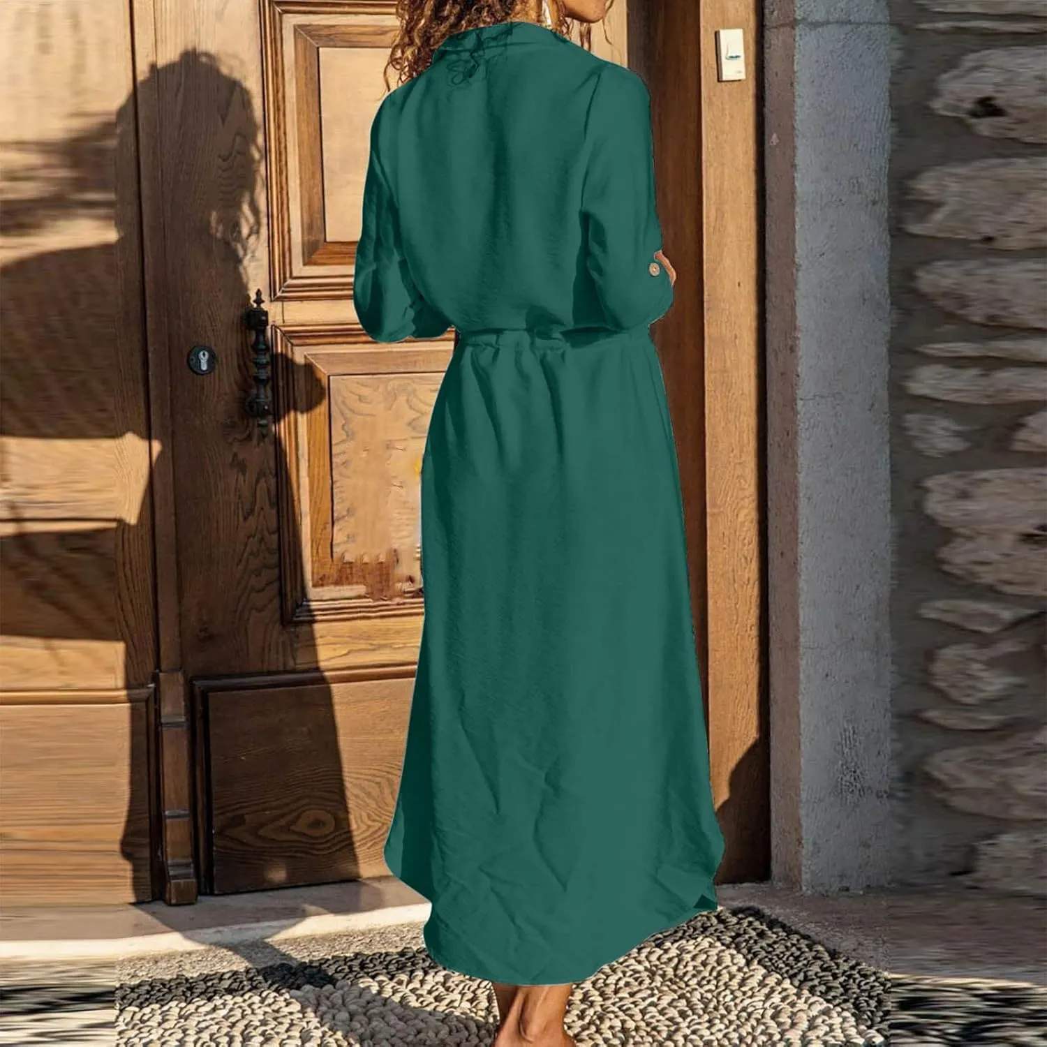 Women's Summer Dresses Cotton Linen Long Sleeve Button Down Casual Sundress Sexy Beach Maxi Shirt Dress with Pockets