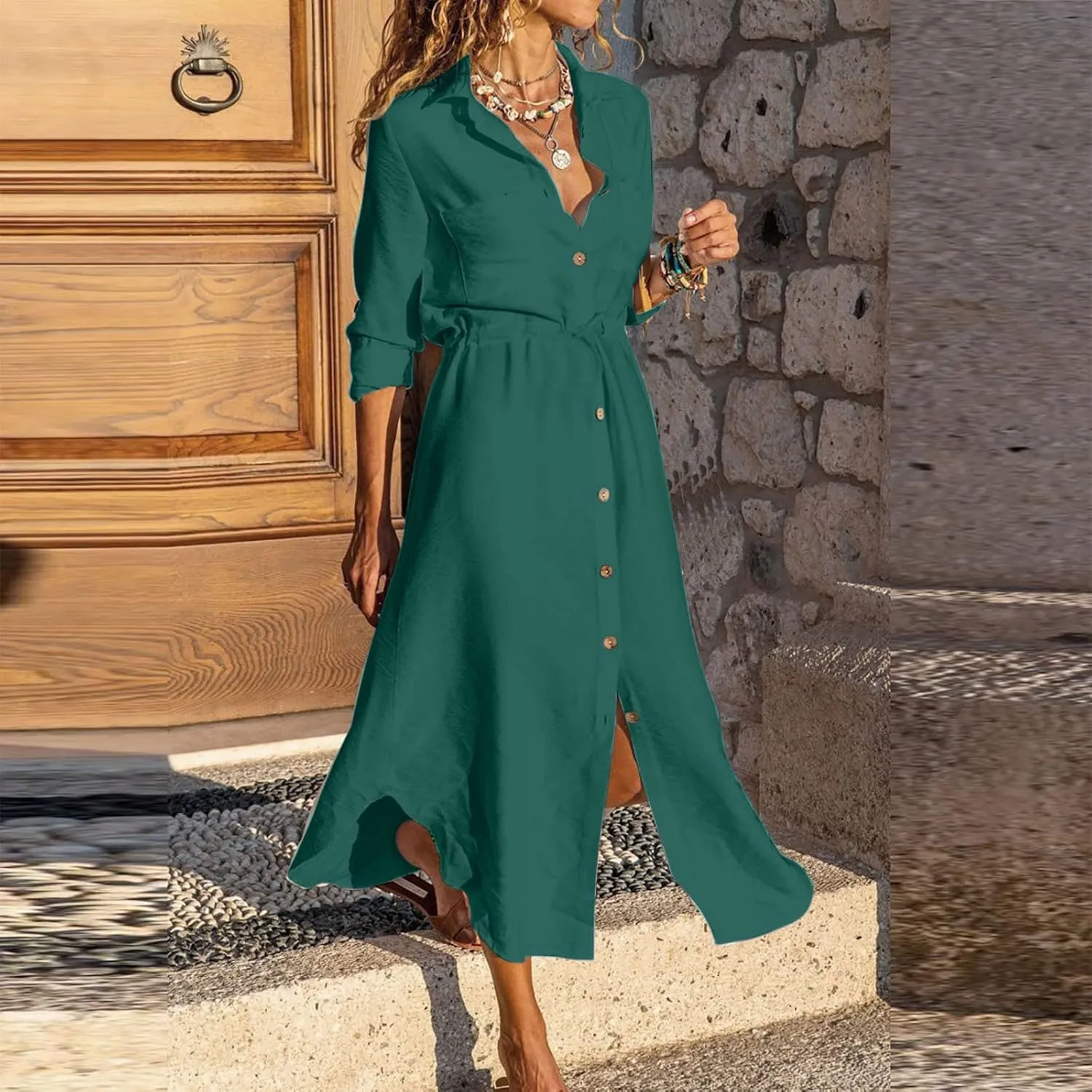 Women's Summer Dresses Cotton Linen Long Sleeve Button Down Casual Sundress Sexy Beach Maxi Shirt Dress with Pockets