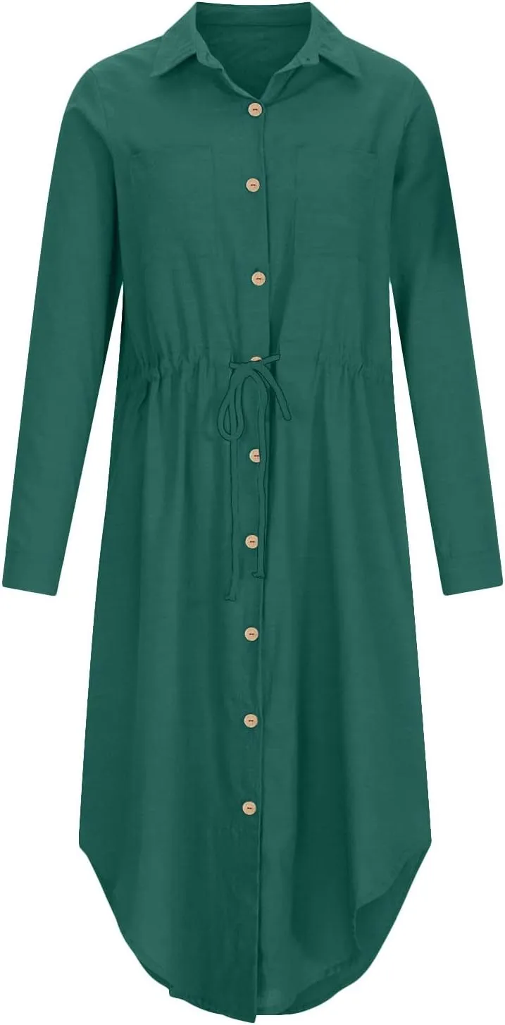 Women's Summer Dresses Cotton Linen Long Sleeve Button Down Casual Sundress Sexy Beach Maxi Shirt Dress with Pockets