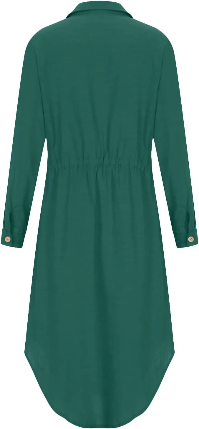 Women's Summer Dresses Cotton Linen Long Sleeve Button Down Casual Sundress Sexy Beach Maxi Shirt Dress with Pockets