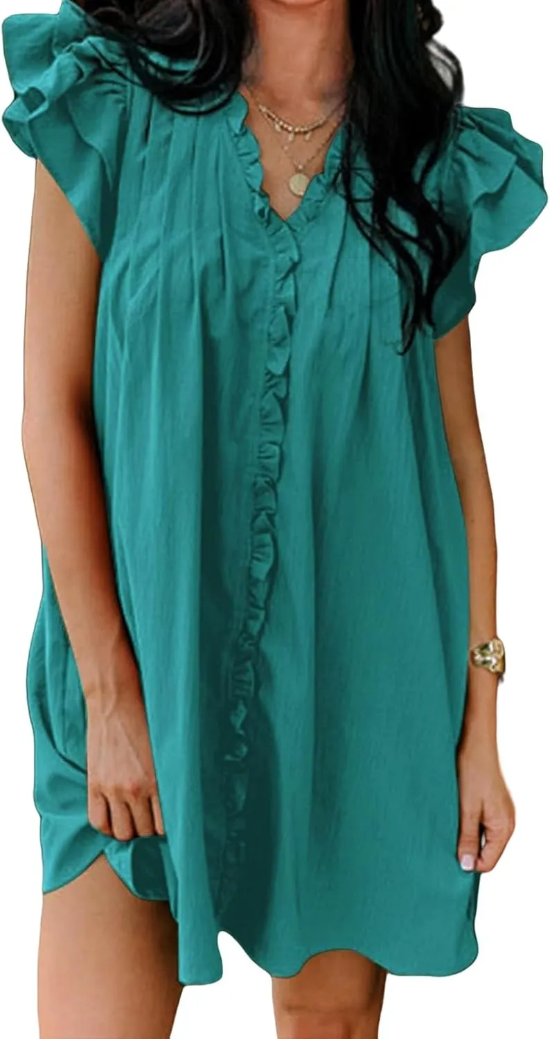 Womens Summer Dresses Flowy Comfy Ruffle Sleeve V Neck Mini Dress Casual Loose Solid Color Pleated Beach Sunderss