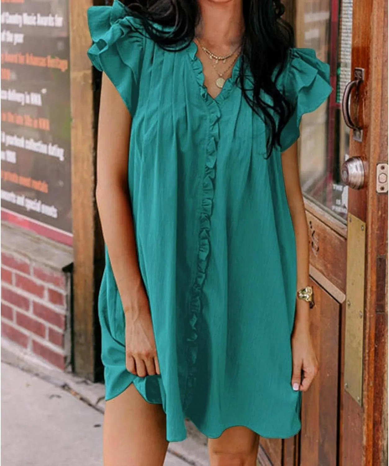 Womens Summer Dresses Flowy Comfy Ruffle Sleeve V Neck Mini Dress Casual Loose Solid Color Pleated Beach Sunderss