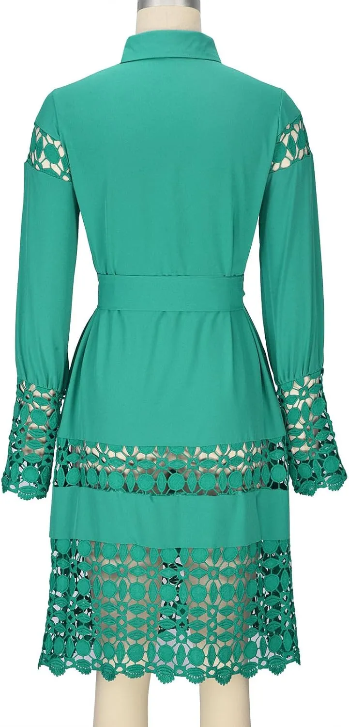 Women's Summer Dresses Long Sleeve Lapel Button Down Belted Mini Dress Plus Size Lace Patchwork Hollow Out Dresses