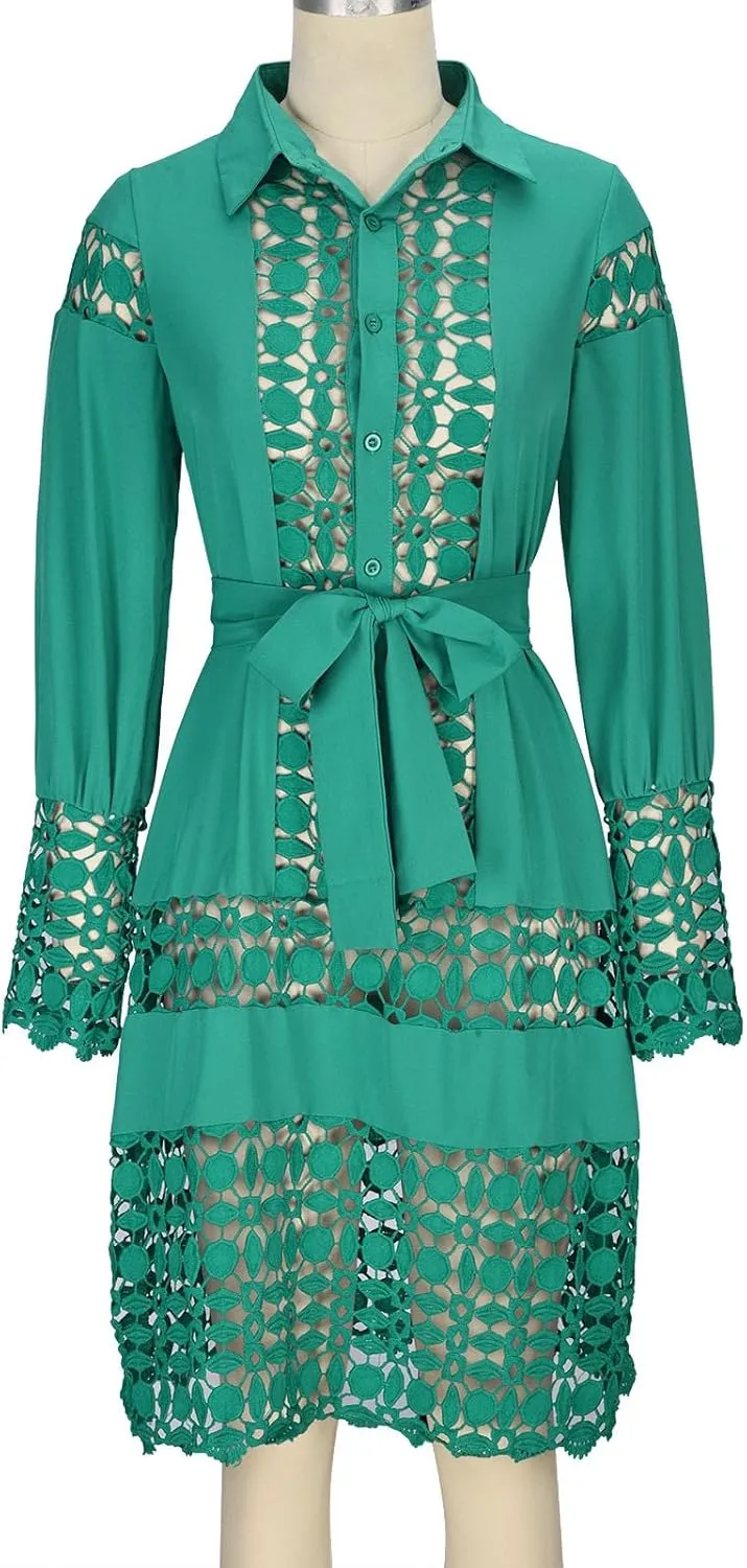Women's Summer Dresses Long Sleeve Lapel Button Down Belted Mini Dress Plus Size Lace Patchwork Hollow Out Dresses