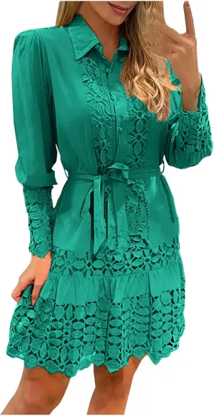 Women's Summer Dresses Long Sleeve Lapel Button Down Belted Mini Dress Plus Size Lace Patchwork Hollow Out Dresses