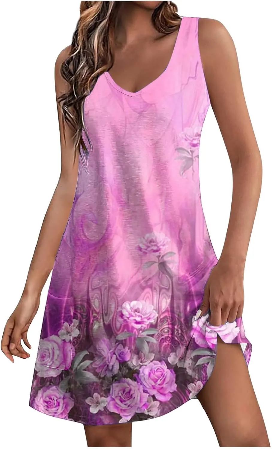 Womens Summer Dresses Loose V Neck Sleeveless Comfy Beach Dress with Pockets Floral Printed 2025 Fashion Sundresses