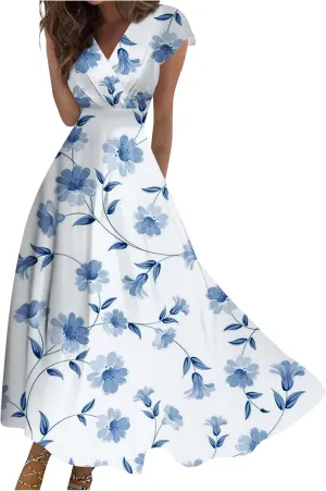 Womens Summer Dresses Maxi Dress Short Sleeve Womens Dresses with Sleeves Summer Flowy Cute