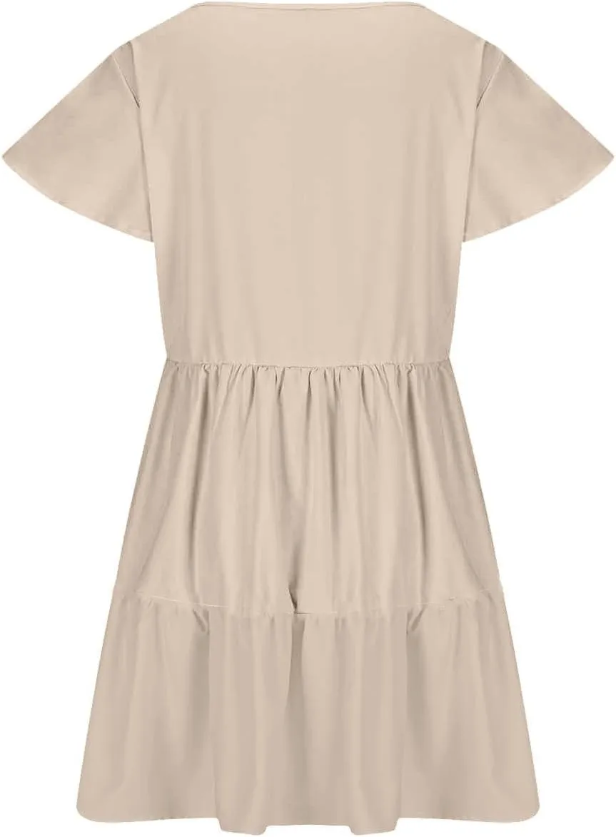 Womens Summer Dresses Ruffle Sleeve Crew Keyhole Neck Mini Dress Solid Loose Short Layered Mini Babydoll Dress