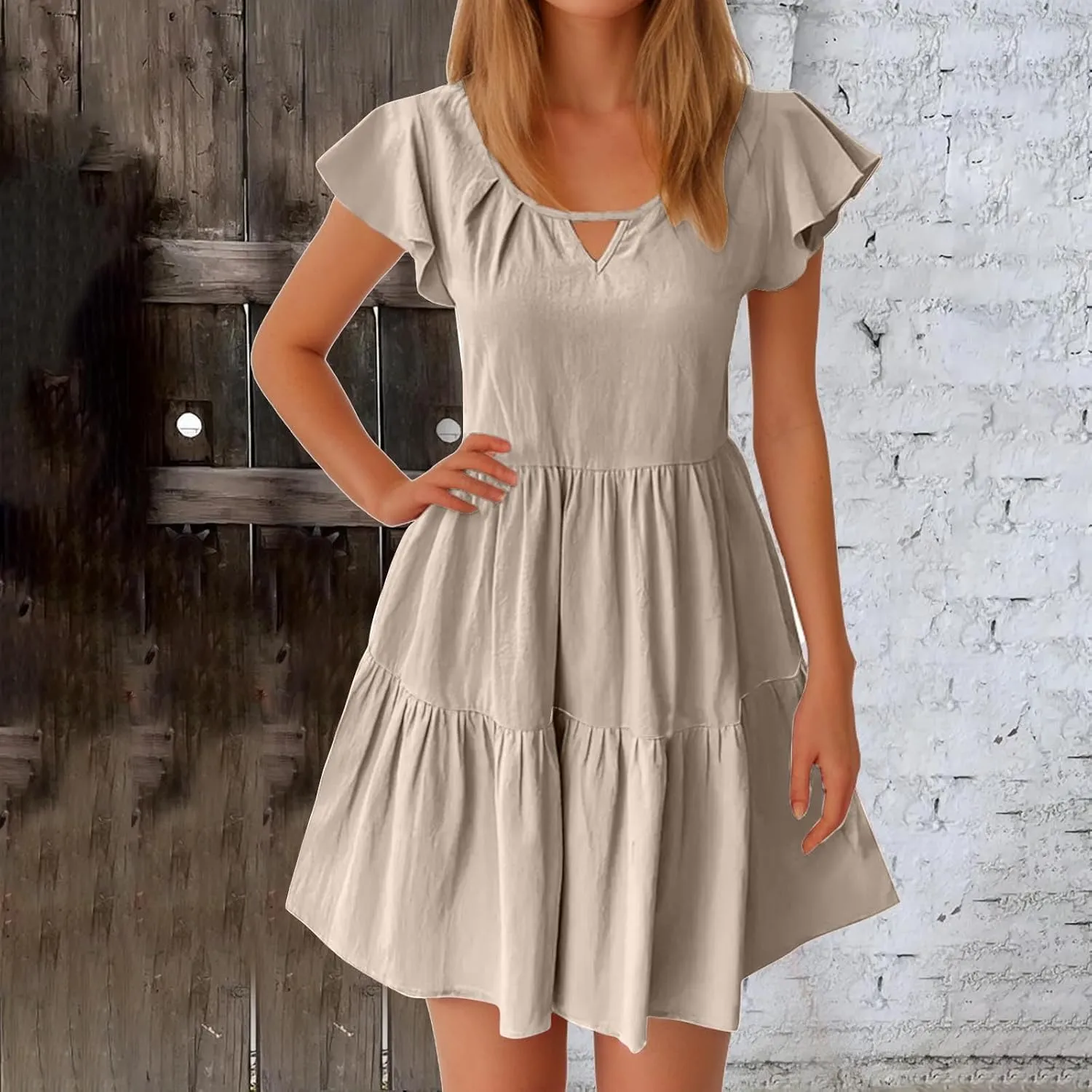 Womens Summer Dresses Ruffle Sleeve Crew Keyhole Neck Mini Dress Solid Loose Short Layered Mini Babydoll Dress