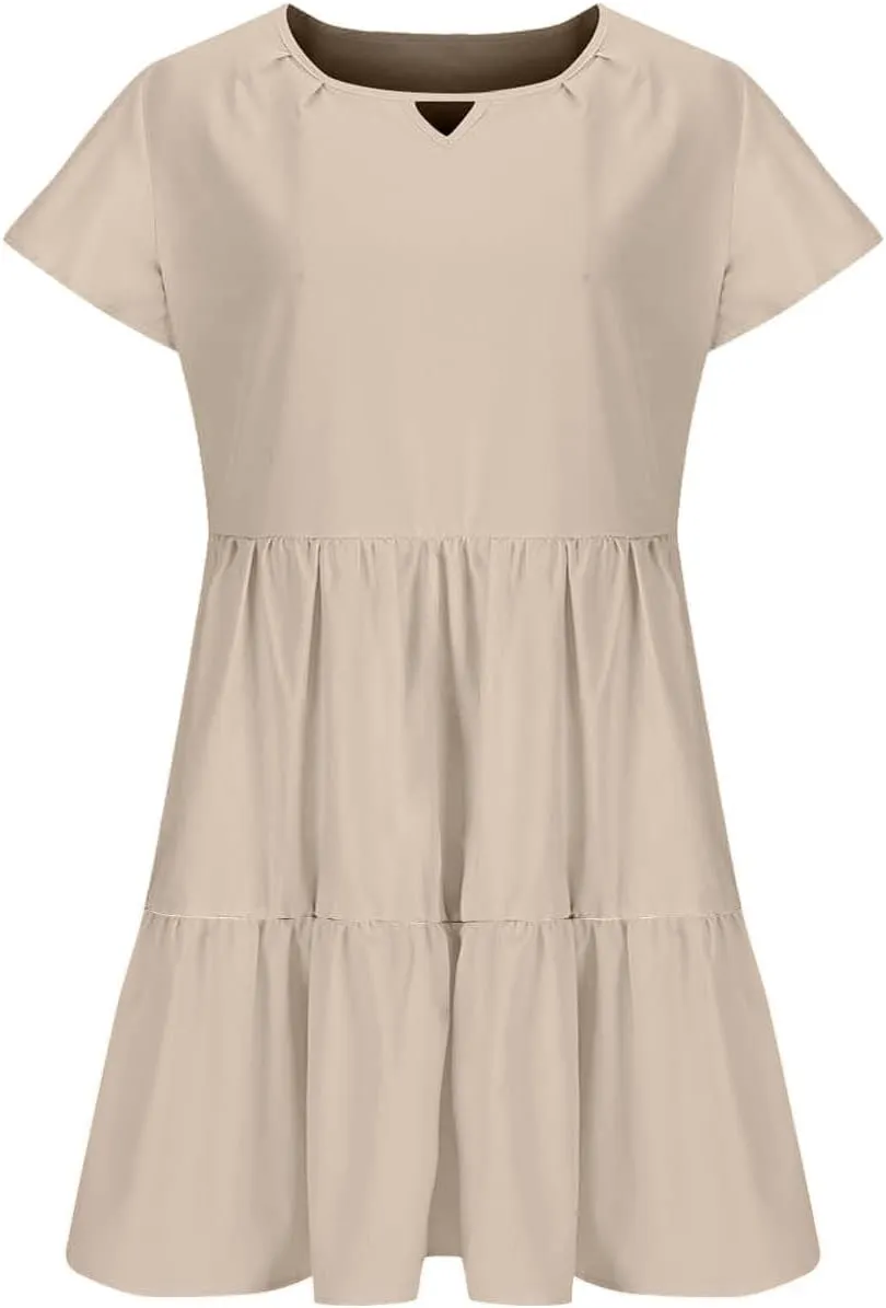 Womens Summer Dresses Ruffle Sleeve Crew Keyhole Neck Mini Dress Solid Loose Short Layered Mini Babydoll Dress