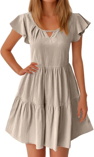 Womens Summer Dresses Ruffle Sleeve Crew Keyhole Neck Mini Dress Solid Loose Short Layered Mini Babydoll Dress