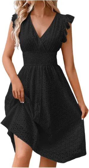Women's Summer Dresses Sexy Eyelet Lace Embroidery Smocked Dress Flutter Sleeve Midi Long Beach Vacation Sundress