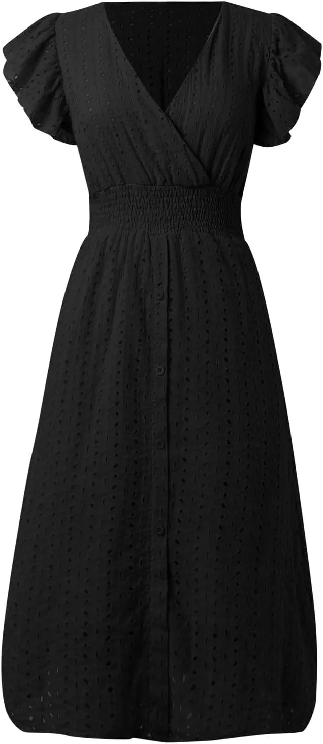 Women's Summer Dresses Sexy Eyelet Lace Embroidery Smocked Dress Flutter Sleeve Midi Long Beach Vacation Sundress