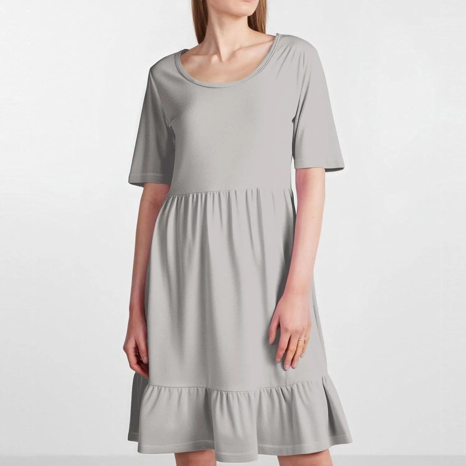 Womens Summer Dresses Short Sleeve O Neck Pleated Swing Mini Dress Solid Color Ruffle Hem Beach Vacation Sundress
