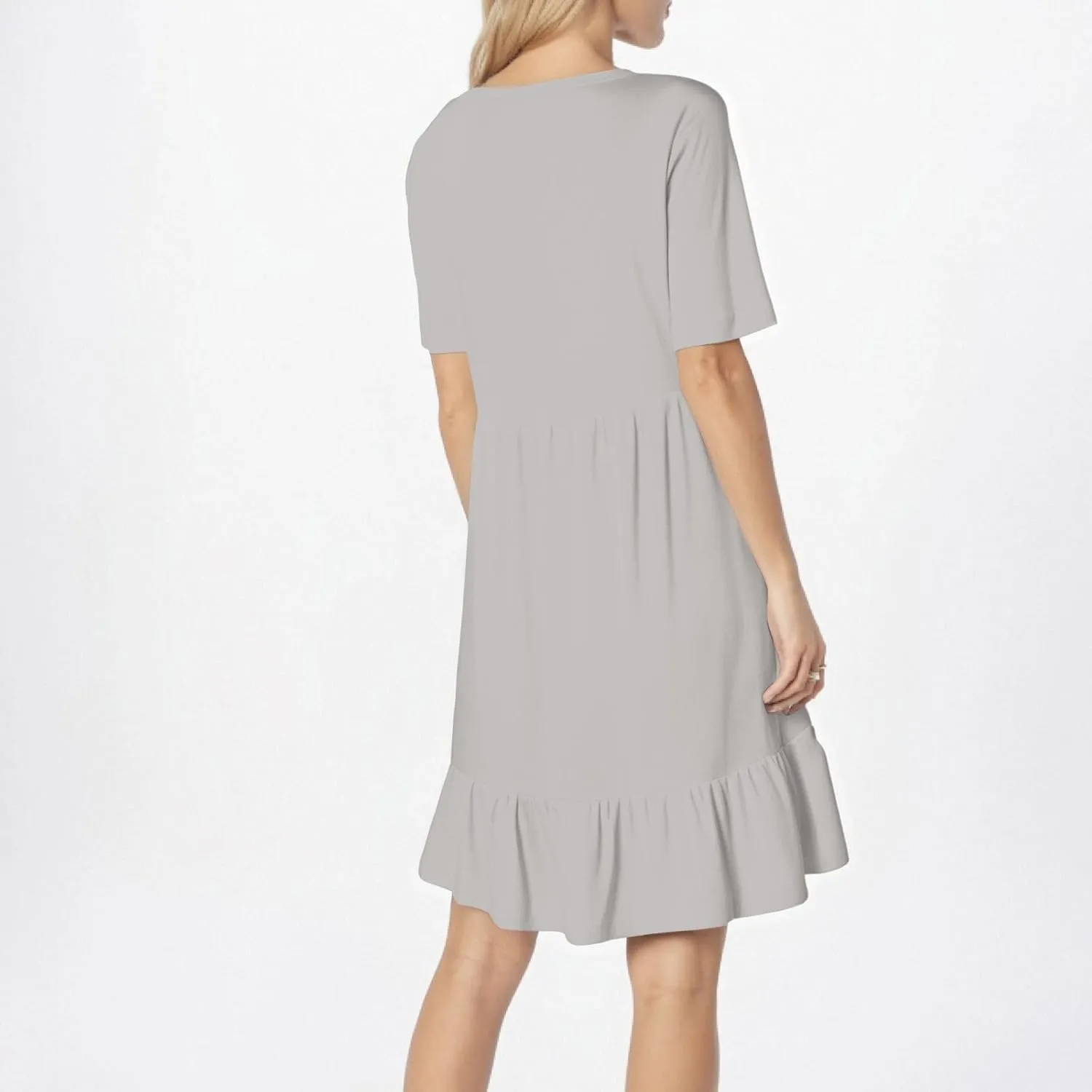 Womens Summer Dresses Short Sleeve O Neck Pleated Swing Mini Dress Solid Color Ruffle Hem Beach Vacation Sundress