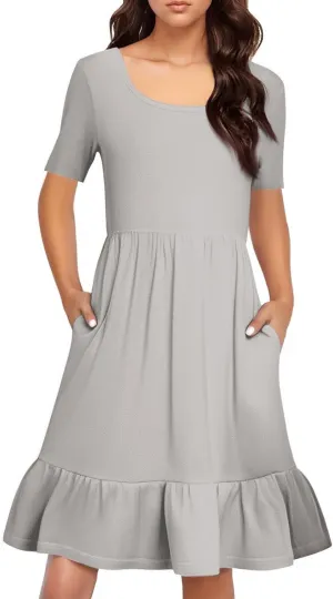 Womens Summer Dresses Short Sleeve O Neck Pleated Swing Mini Dress Solid Color Ruffle Hem Beach Vacation Sundress