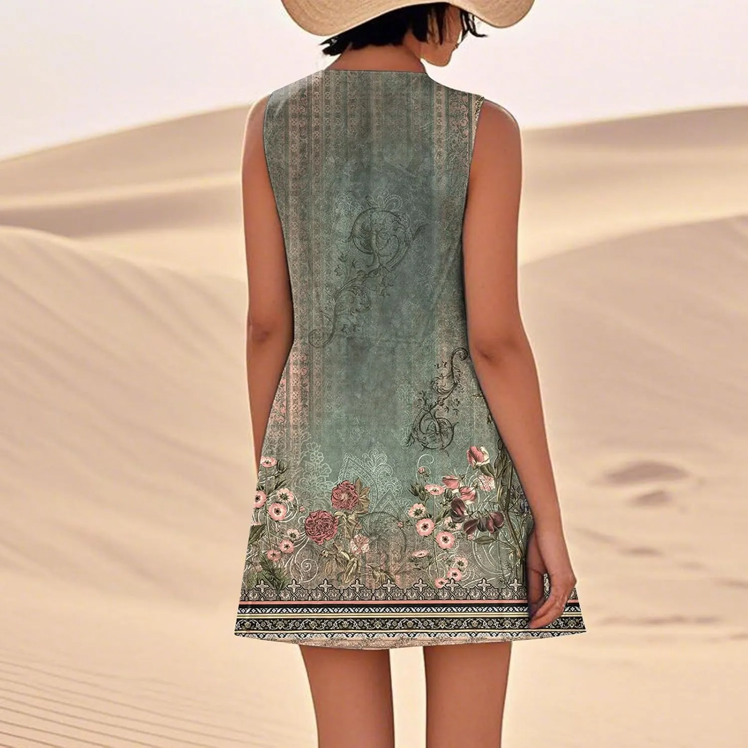Women's Summer Dresses Sleeveless Round Neck Knee Length Dress Trendy Boho Floral Printed Beach Party Sundresses