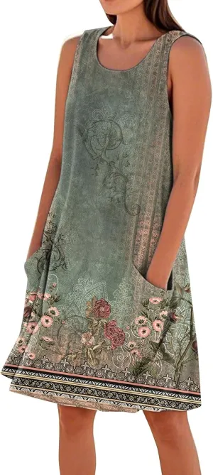 Women's Summer Dresses Sleeveless Round Neck Knee Length Dress Trendy Boho Floral Printed Beach Party Sundresses