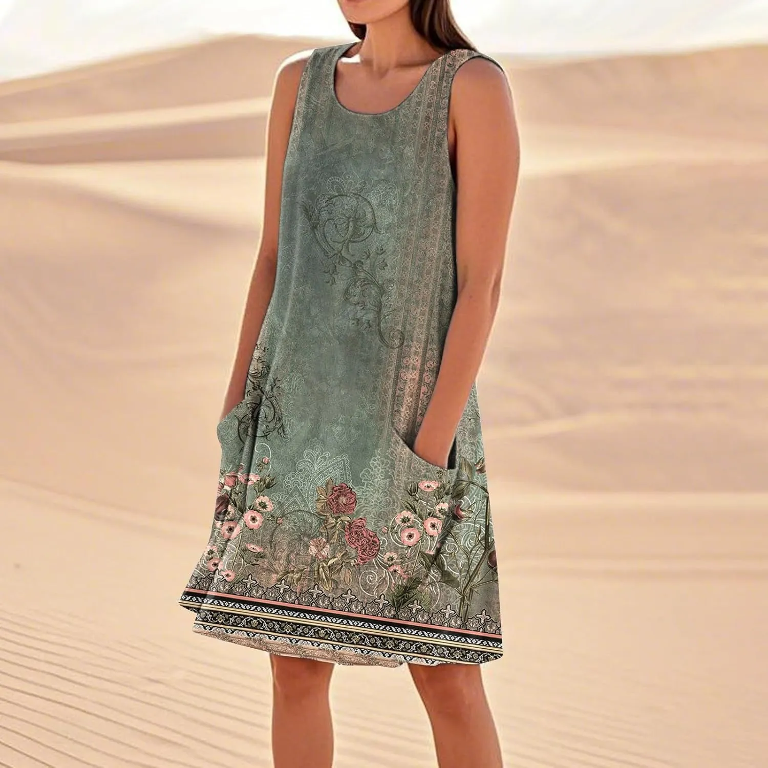 Women's Summer Dresses Sleeveless Round Neck Knee Length Dress Trendy Boho Floral Printed Beach Party Sundresses