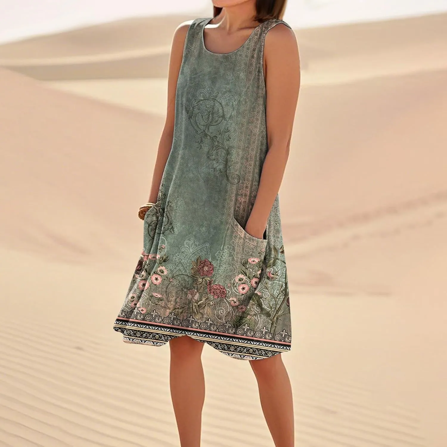 Women's Summer Dresses Sleeveless Round Neck Knee Length Dress Trendy Boho Floral Printed Beach Party Sundresses