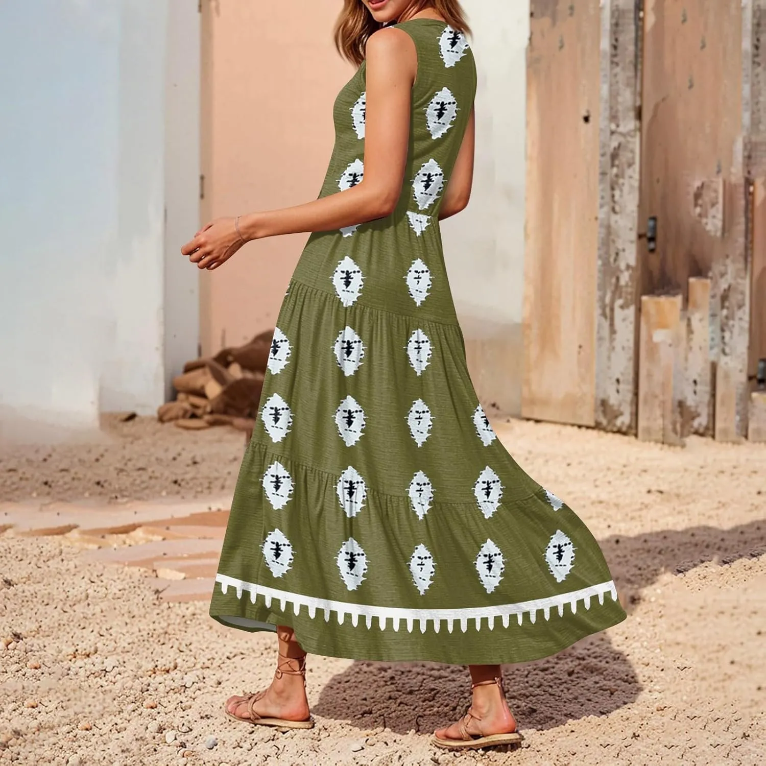 Women's Summer Dresses Sleeveless V Neck Beach Tshirt Sundress Boho Floral Printed Midi Tank Flowy Tiered Dresses