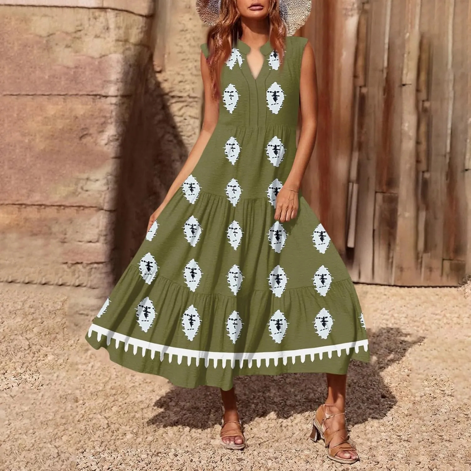 Women's Summer Dresses Sleeveless V Neck Beach Tshirt Sundress Boho Floral Printed Midi Tank Flowy Tiered Dresses