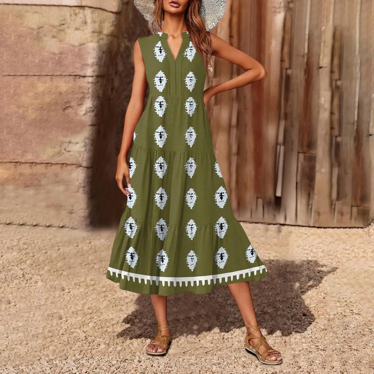 Women's Summer Dresses Sleeveless V Neck Beach Tshirt Sundress Boho Floral Printed Midi Tank Flowy Tiered Dresses