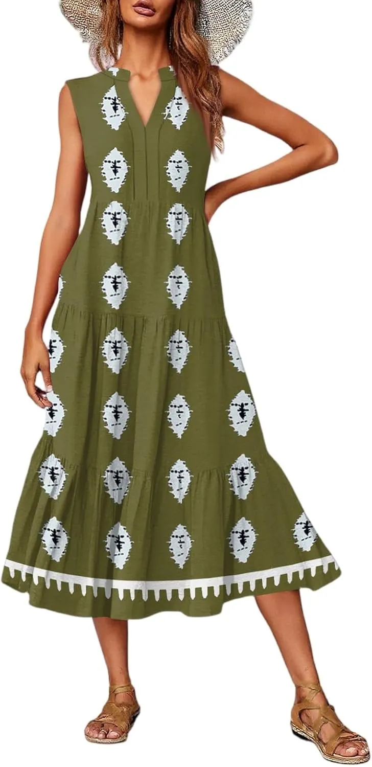 Women's Summer Dresses Sleeveless V Neck Beach Tshirt Sundress Boho Floral Printed Midi Tank Flowy Tiered Dresses