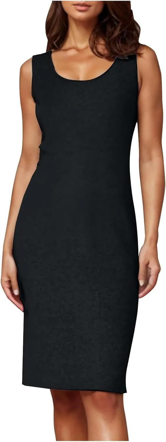 Womens Summer Dresses Slim Fit Scoop Neck Sleeveless Bodycon Dress Dressy Casual Solid Color Midi Tank Sundresses