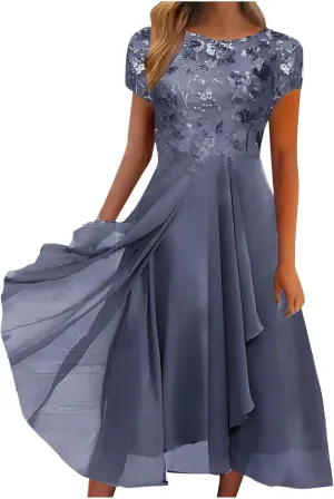 Women's Summer Elegant Trendy V-Neck Short Sleeve Lace Chiffon Prom Party Cocktail Wedding Guest Dress 2025, S-3XL