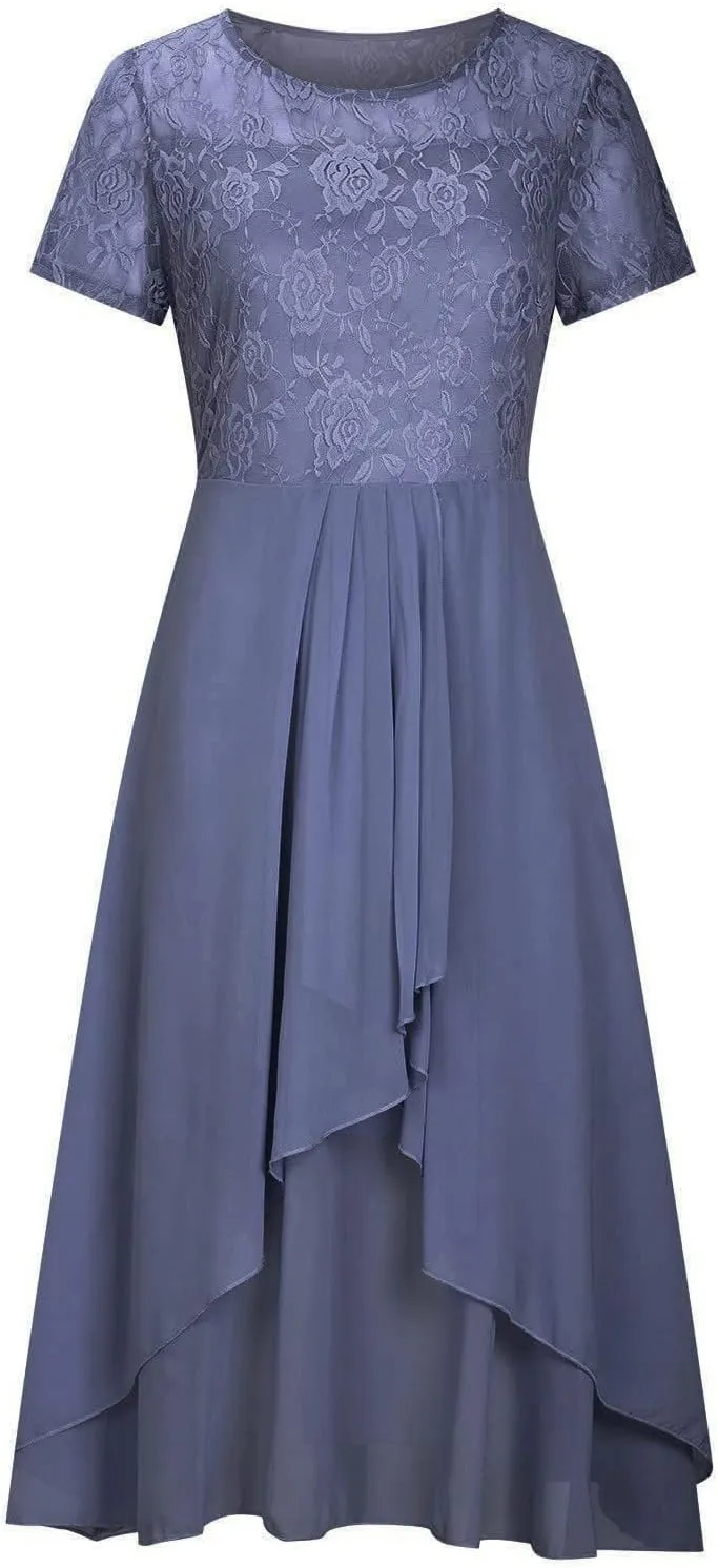 Women's Summer Elegant Trendy V-Neck Short Sleeve Lace Chiffon Prom Party Cocktail Wedding Guest Dress 2025, S-3XL