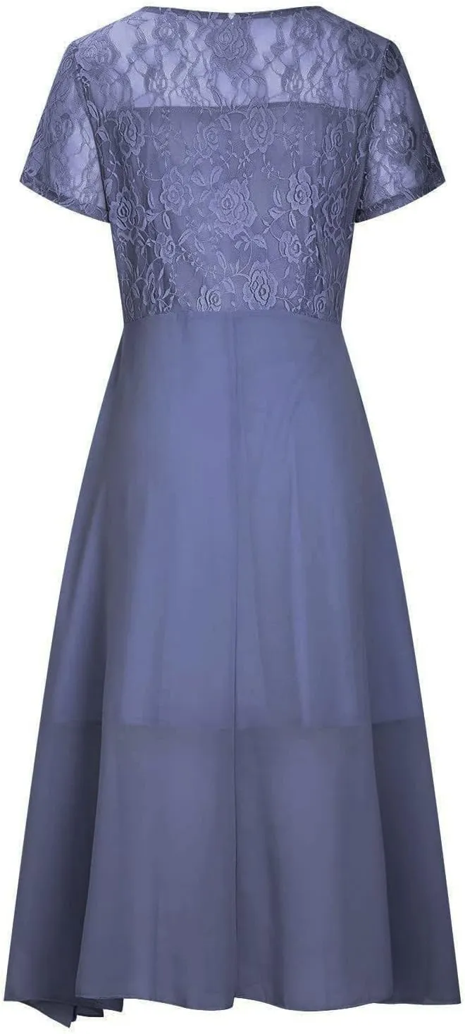 Women's Summer Elegant Trendy V-Neck Short Sleeve Lace Chiffon Prom Party Cocktail Wedding Guest Dress 2025, S-3XL