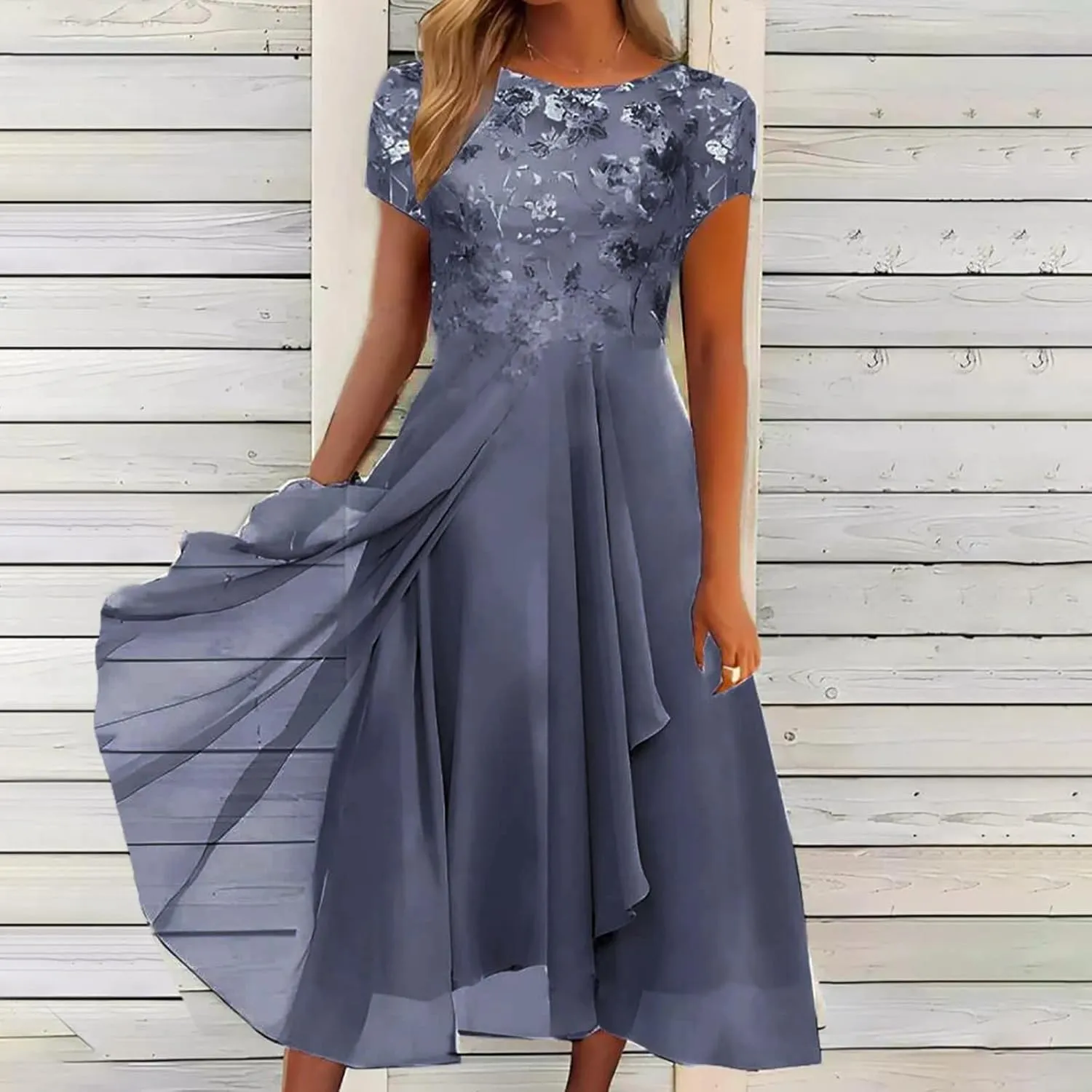 Women's Summer Elegant Trendy V-Neck Short Sleeve Lace Chiffon Prom Party Cocktail Wedding Guest Dress 2025, S-3XL