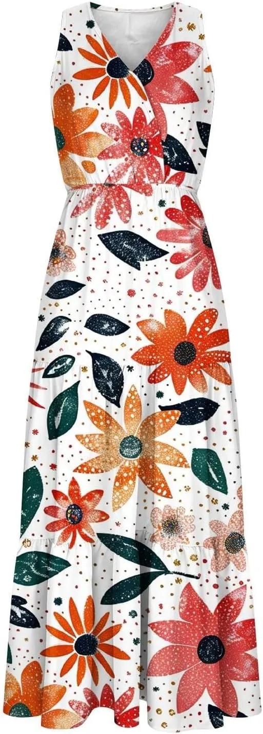 Womens Summer Floral Maxi Dresses Party Beach Vacation Dress Sleeveless High Waisted Tunic Ruffle Swing Sundress