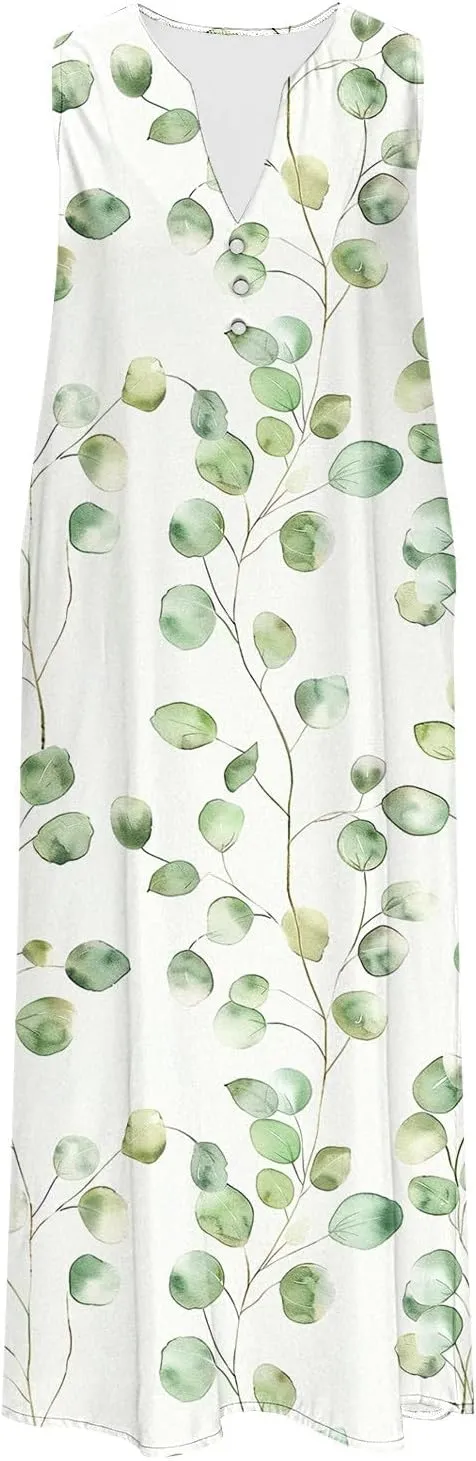 Womens Summer Floral Sundress Fashion Sleeveless Dresses V Neck Pockets Beach Vacation Sun Dress Trendy Print Clothes