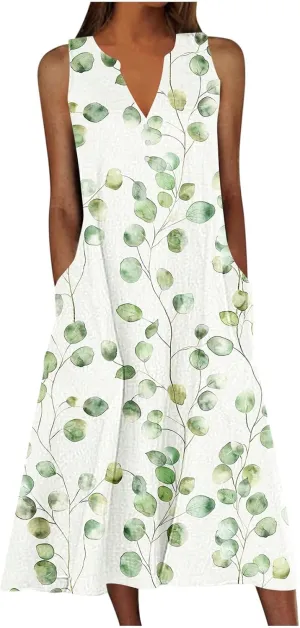 Womens Summer Floral Sundress Fashion Sleeveless Dresses V Neck Pockets Beach Vacation Sun Dress Trendy Print Clothes