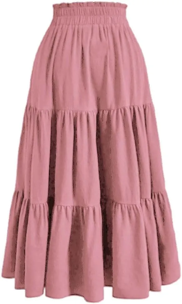 Womens Summer Flowy Swing Tiered Midi Skirt with Pocket 2025 Casual Boho Elastic Waisted Beach Long Skirt