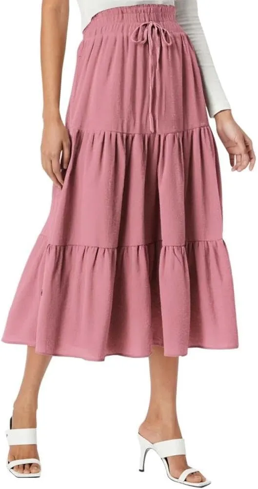 Womens Summer Flowy Swing Tiered Midi Skirt with Pocket 2025 Casual Boho Elastic Waisted Beach Long Skirt