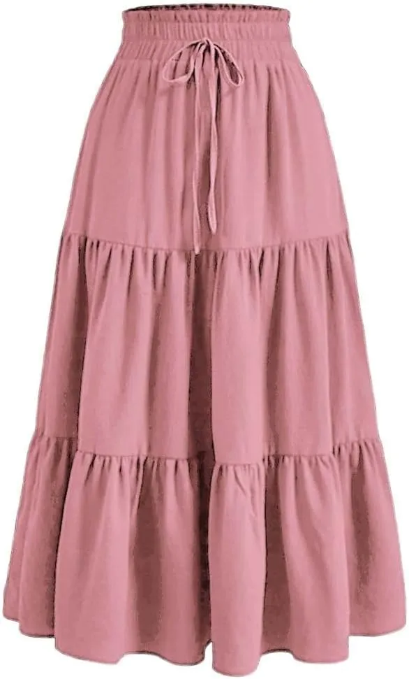 Womens Summer Flowy Swing Tiered Midi Skirt with Pocket 2025 Casual Boho Elastic Waisted Beach Long Skirt