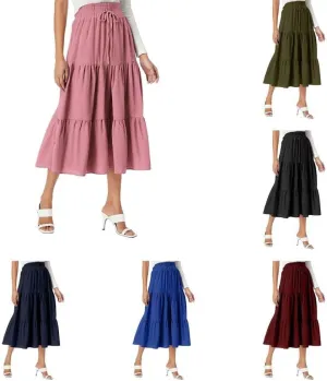 Womens Summer Flowy Swing Tiered Midi Skirt with Pocket 2025 Casual Boho Elastic Waisted Beach Long Skirt