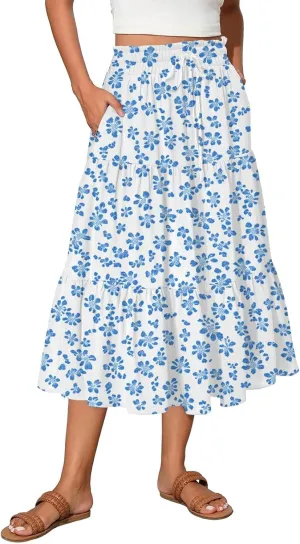 Women's Summer High Waist Tie Floral Print Boho Resort Midi Skirt with Pockets, S-2XL