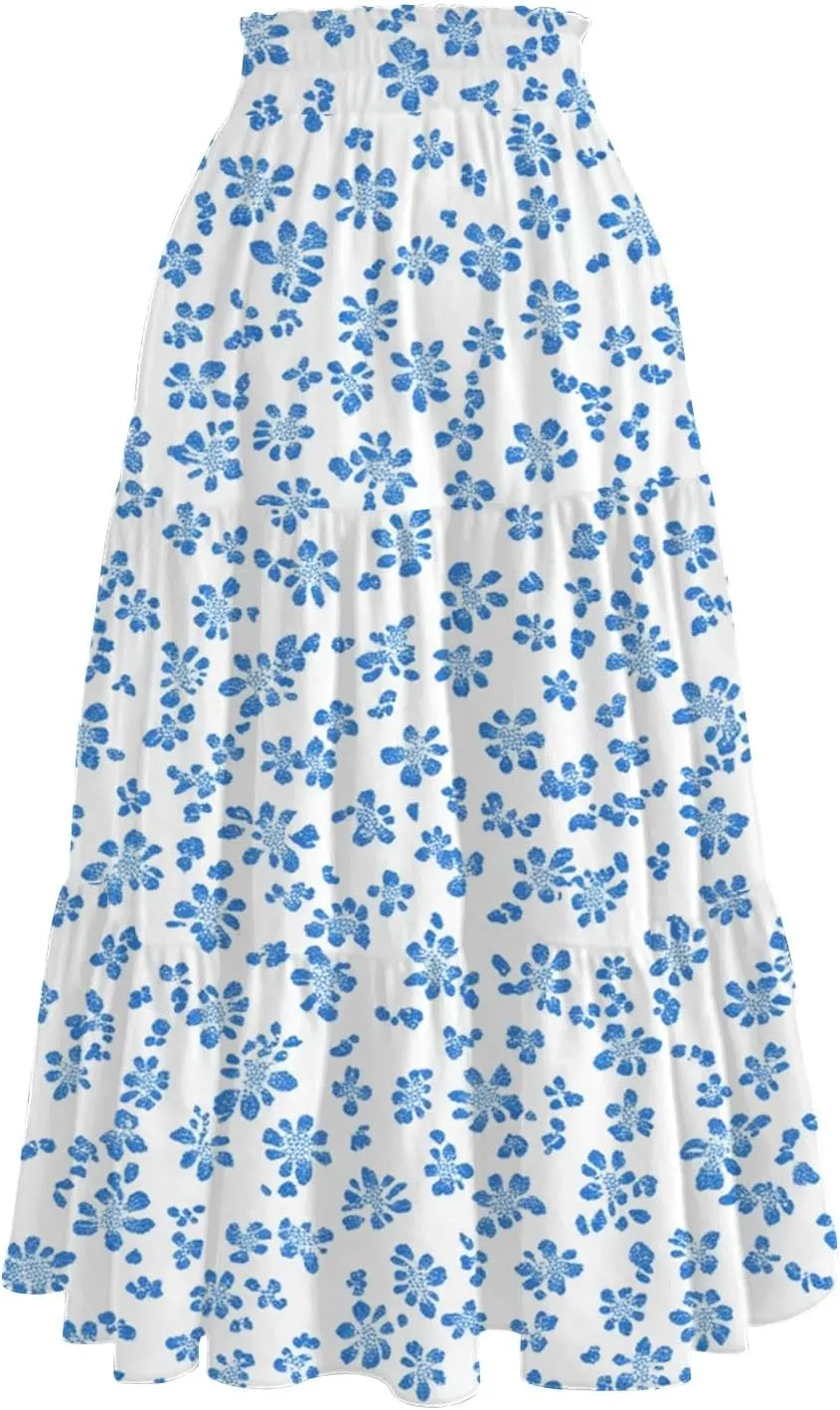 Women's Summer High Waist Tie Floral Print Boho Resort Midi Skirt with Pockets, S-2XL