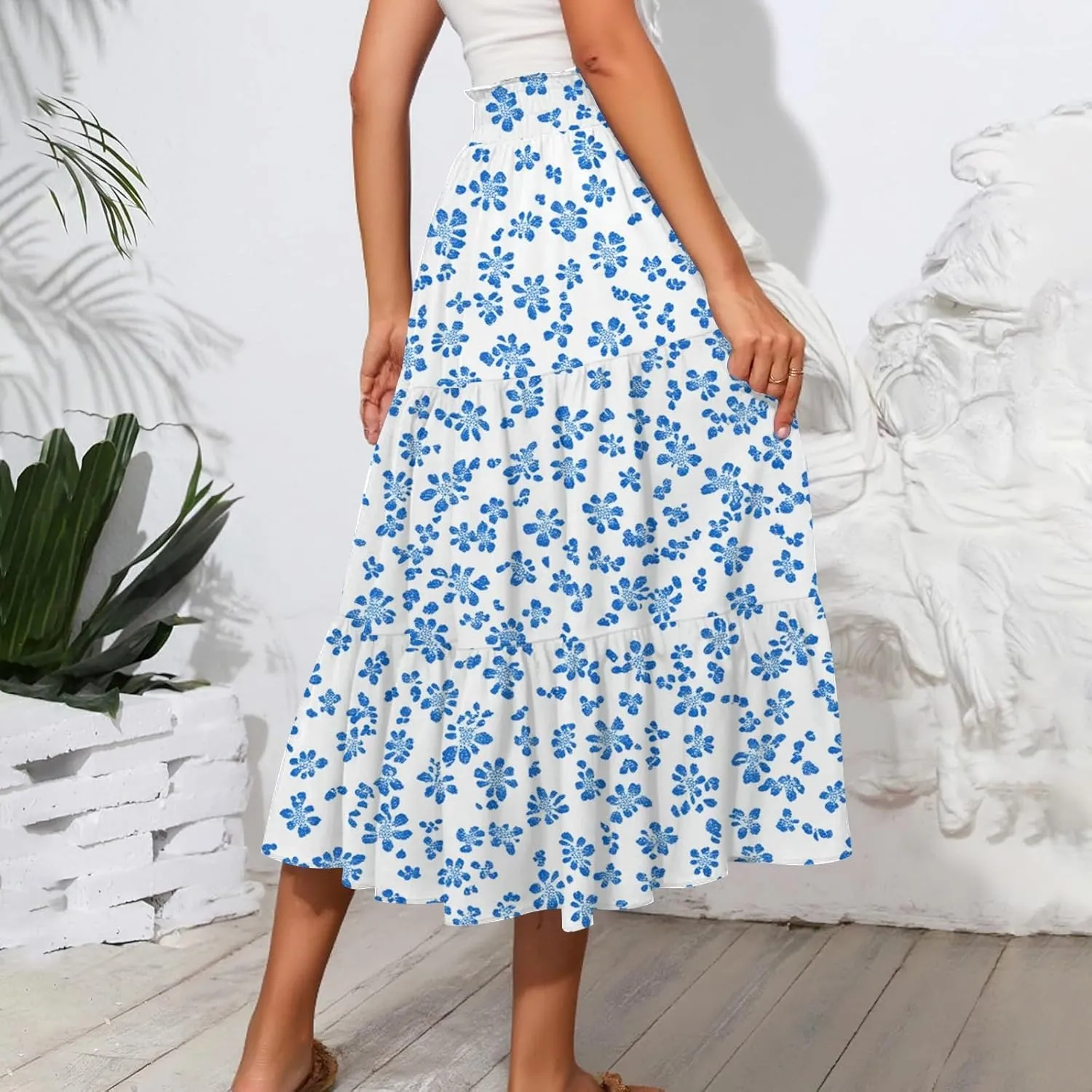 Women's Summer High Waist Tie Floral Print Boho Resort Midi Skirt with Pockets, S-2XL