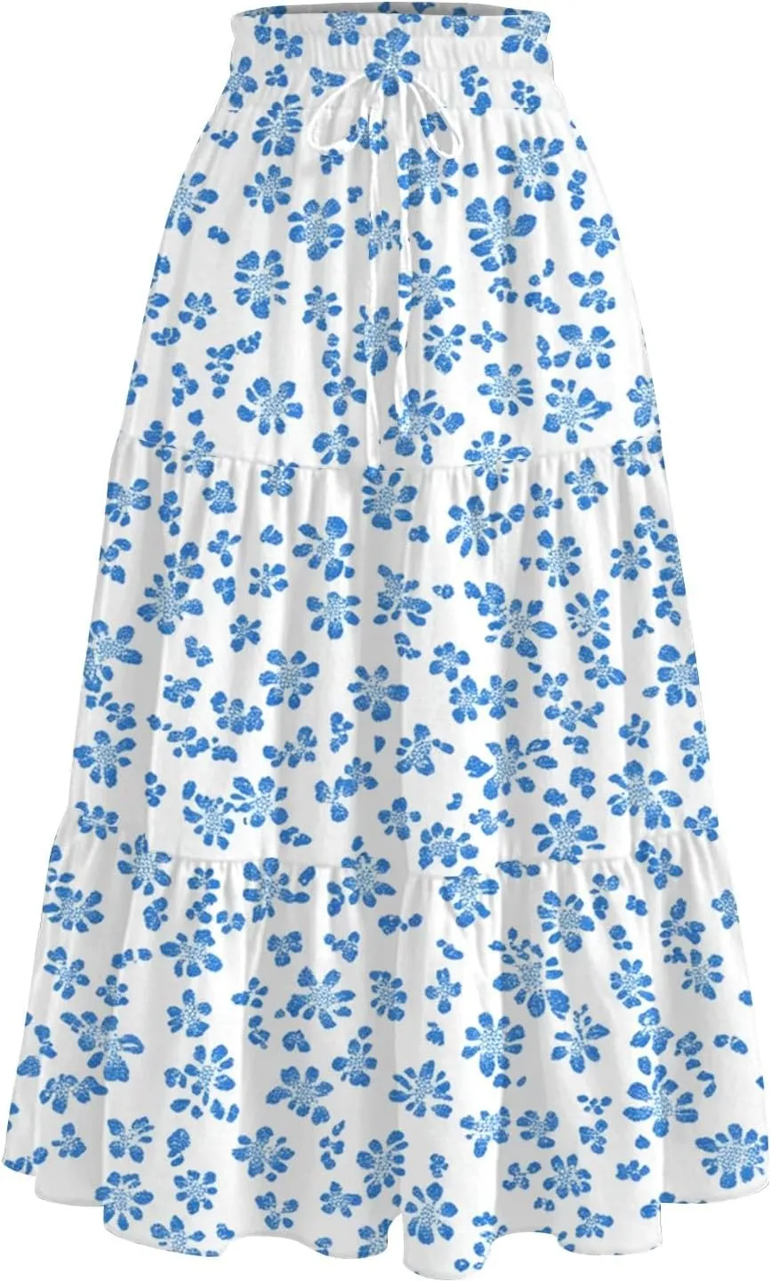 Women's Summer High Waist Tie Floral Print Boho Resort Midi Skirt with Pockets, S-2XL